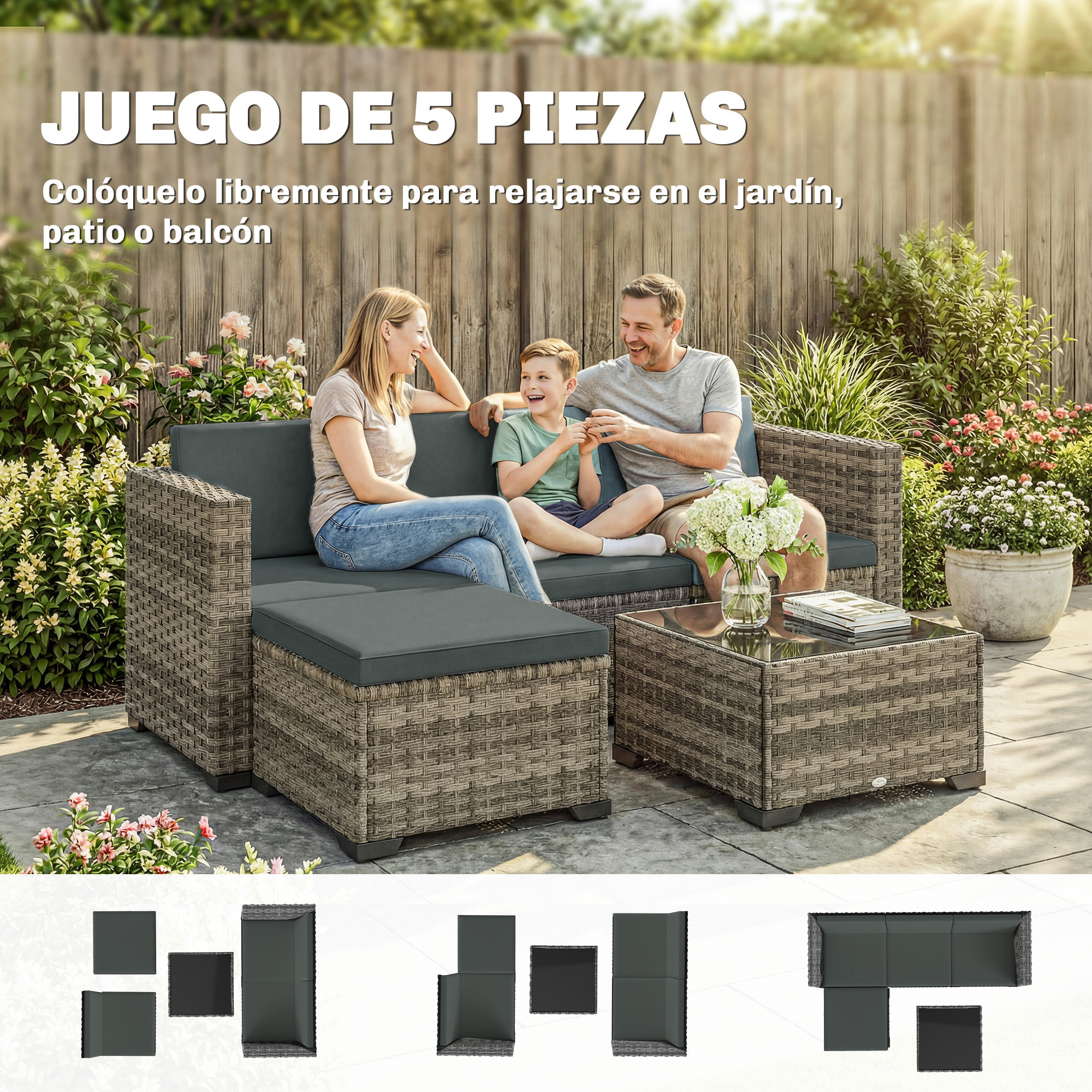 Conjunto de Jardín de Ratán de 5 Piezas, Conjunto Terraza Resistente, Muebles Jardín Exterior Incluye Cojines, 2 Sillones de Esquina, Sillón sin Brazos, Reposapiés y Mesa Centro, Gris Oscuro