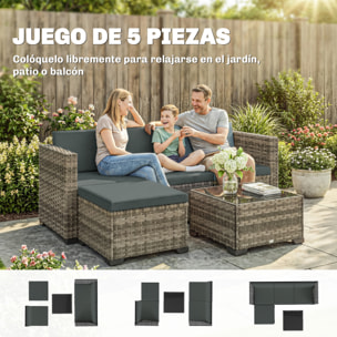 Conjunto de Jardín de Ratán de 5 Piezas, Conjunto Terraza Resistente, Muebles Jardín Exterior Incluye Cojines, 2 Sillones de Esquina, Sillón sin Brazos, Reposapiés y Mesa Centro, Gris Oscuro