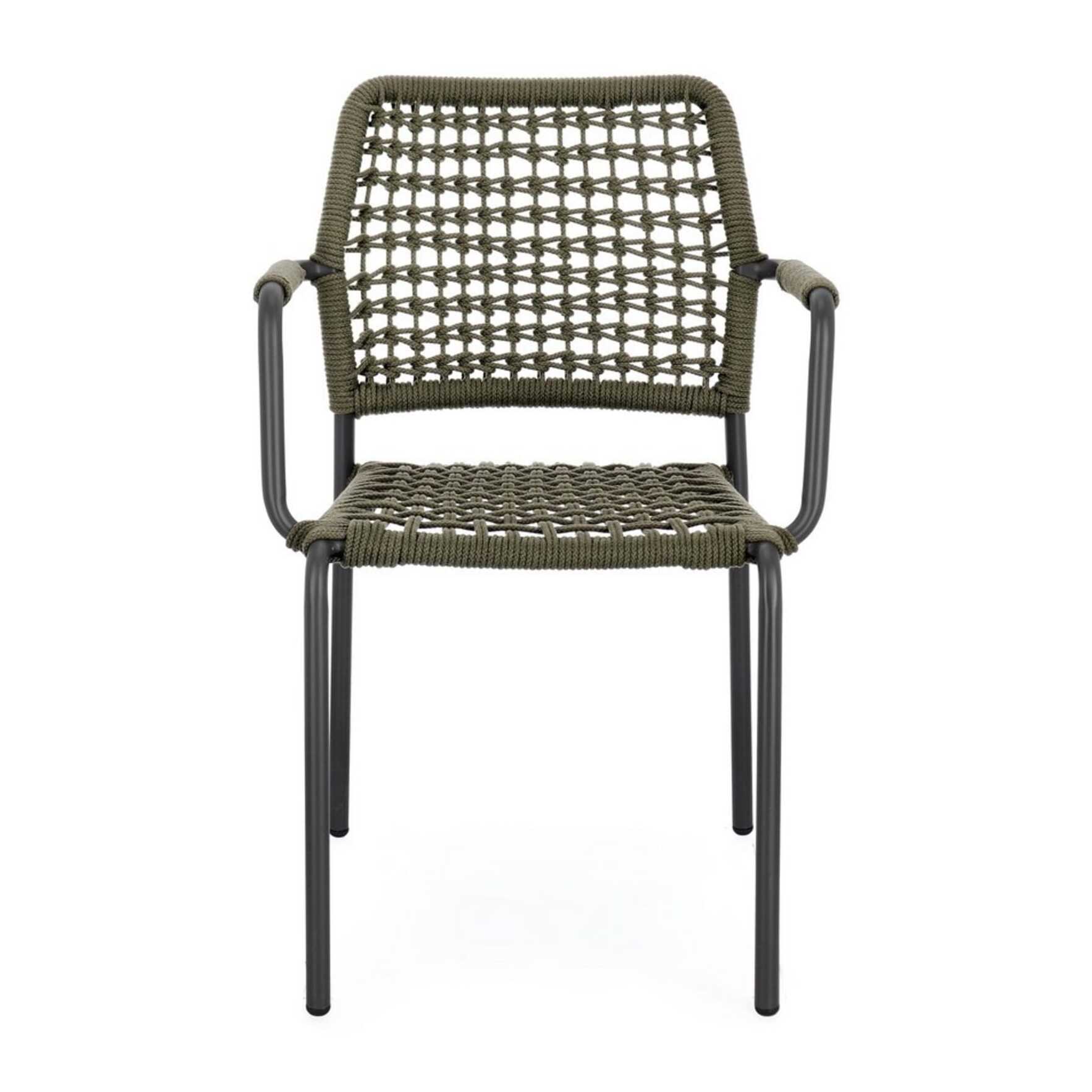 Set di 4 sedie con braccioli MIRANDA in alluminio antracite e corda verde, impilabili