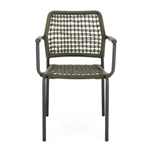 Set di 4 sedie con braccioli MIRANDA in alluminio antracite e corda verde, impilabili