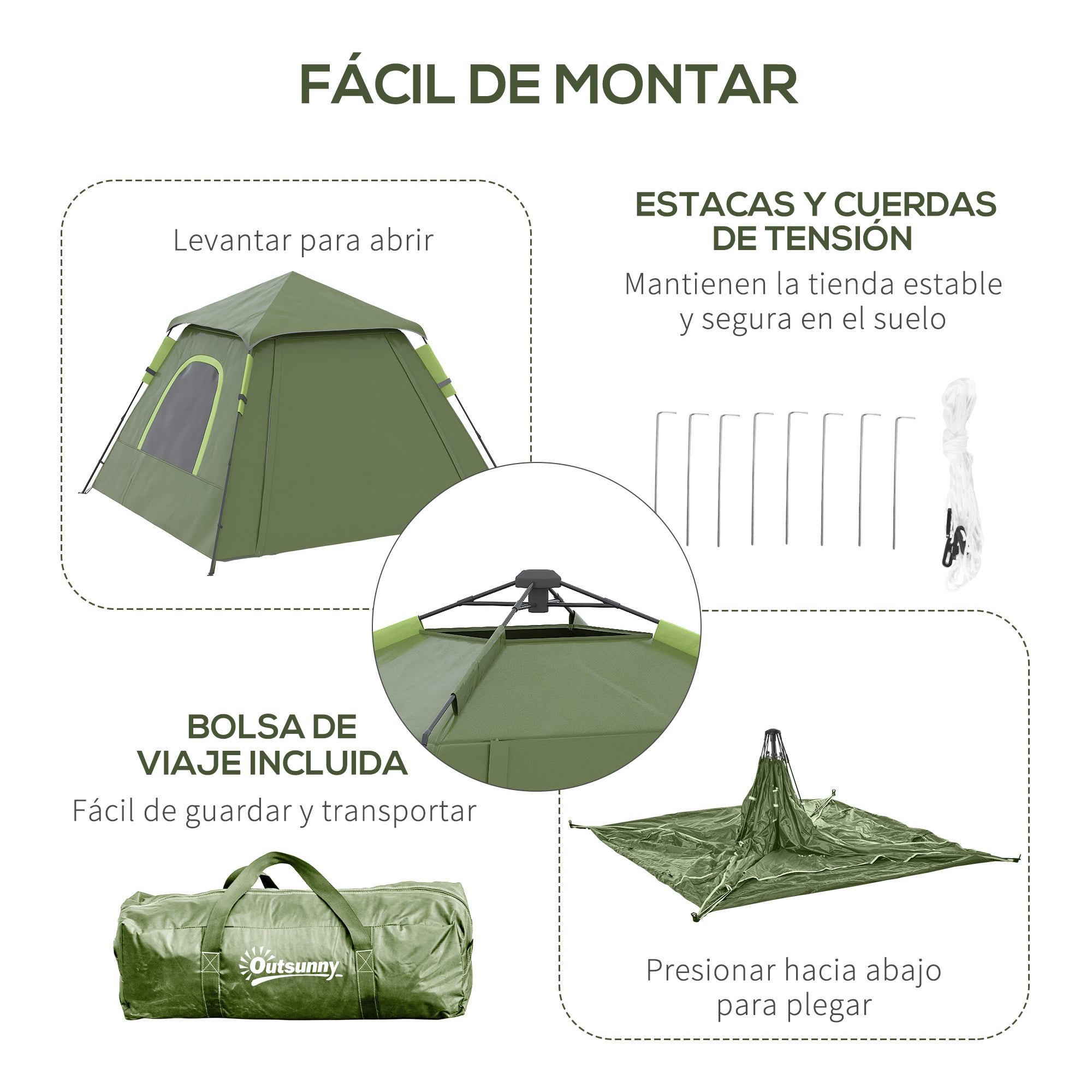 Tienda de Campaña Pop up para 2-3 Personas Tienda Camping Instantánea Impermeable PU2000 mm Protección UV50+ con Bolsa de Trasporte 210x210x150 cm Verde