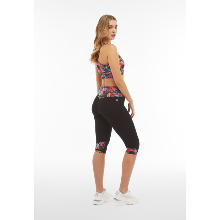 Leggings corsaro vita alta con inserti stampa tropicale