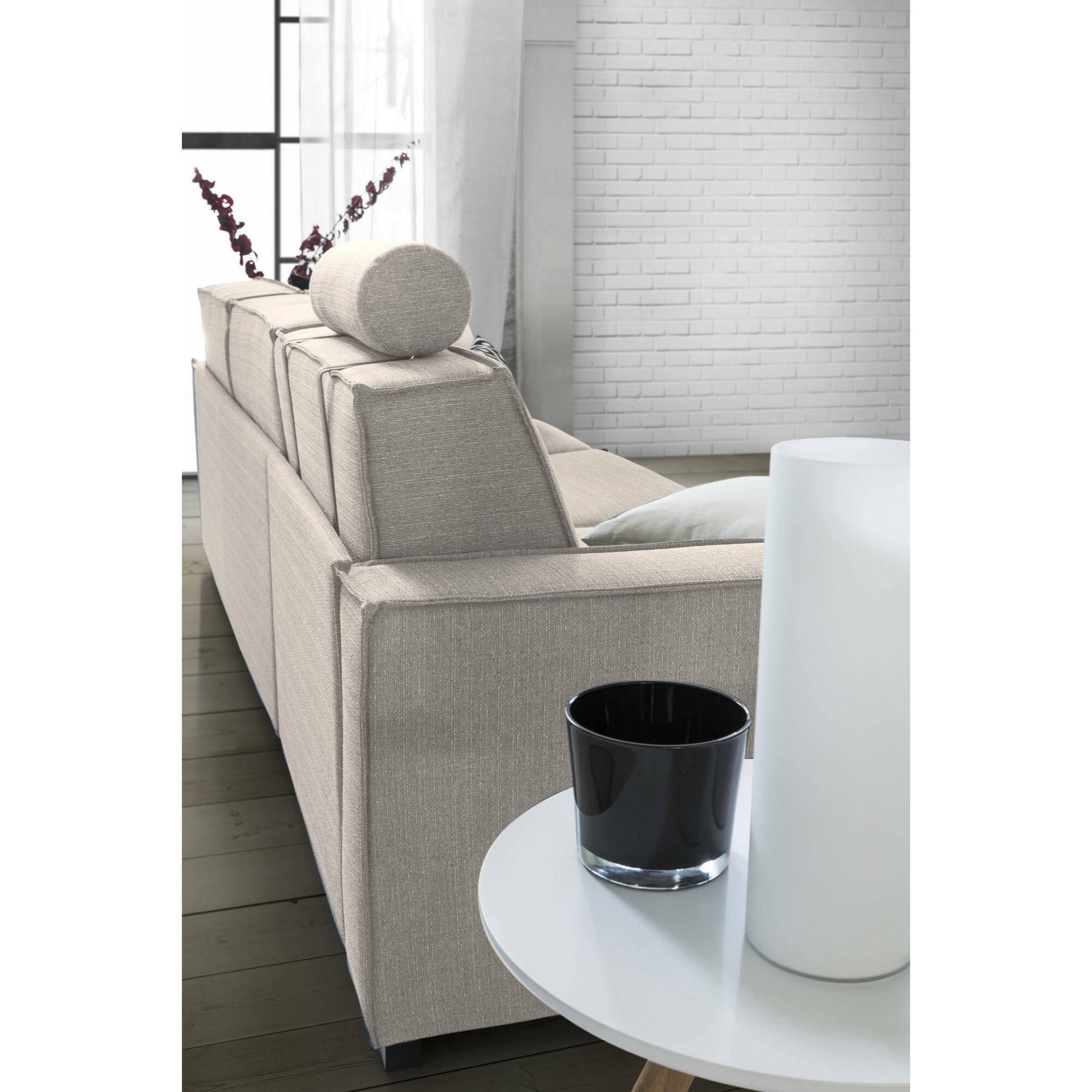 Divano letto 2 posti Alano, Sofà Soggiorno apertura girevole, Tessuto imbottito, Braccioli standard, 100% Made in Italy, Cm 180x95h90, Tortora