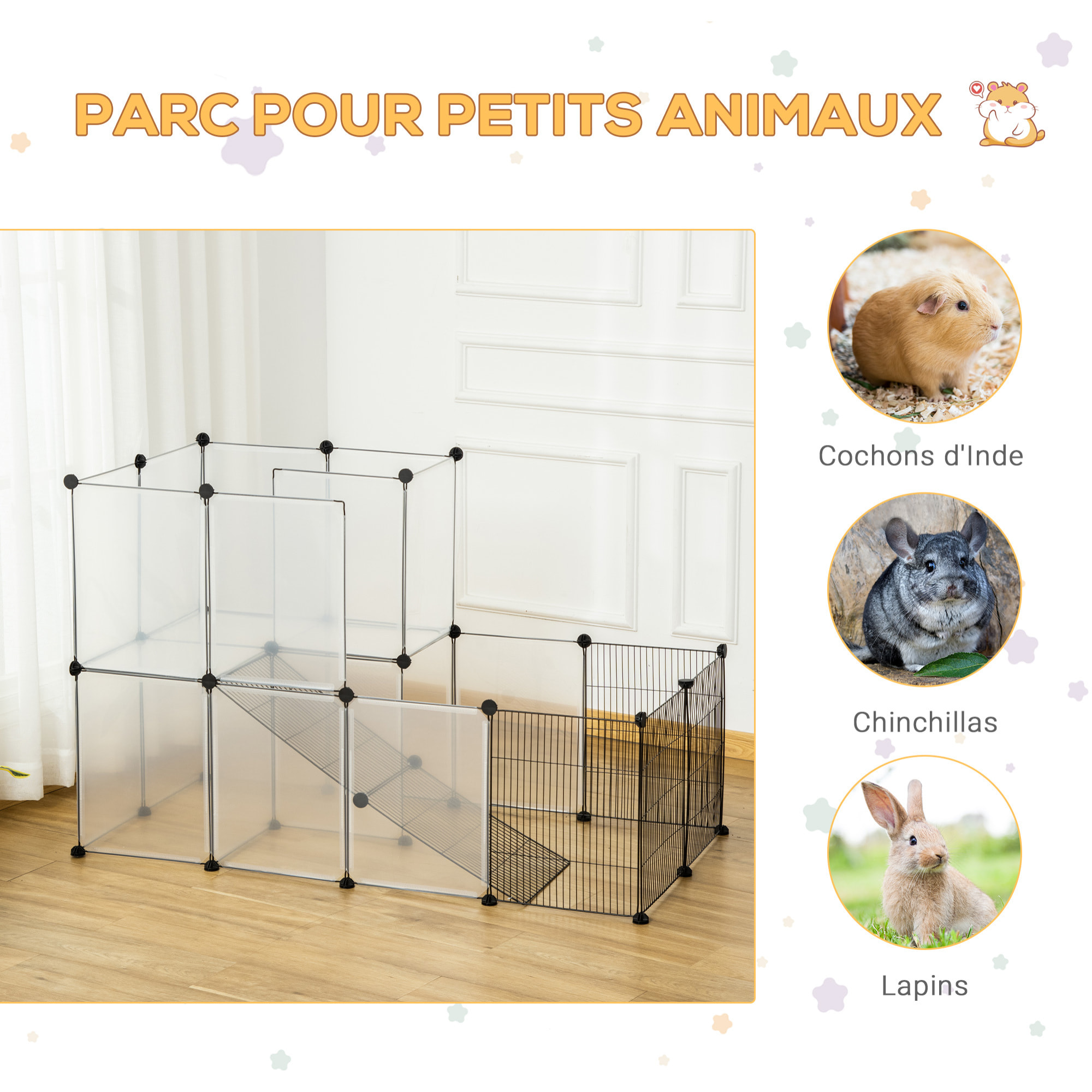 Cage parc enclos modulable rongeurs 2 niveaux 27 panneaux fil métallique noir PP transparent