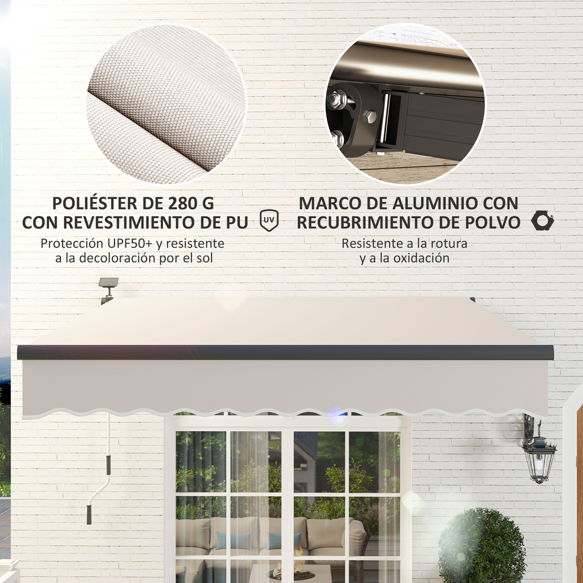 Toldo Manual Retráctil 3x2,5 m con Luces LED Solares Toldo para Balcón con Manivela de Aluminio y Protección UV50+ para Jardín Terraza Ventanas Crema