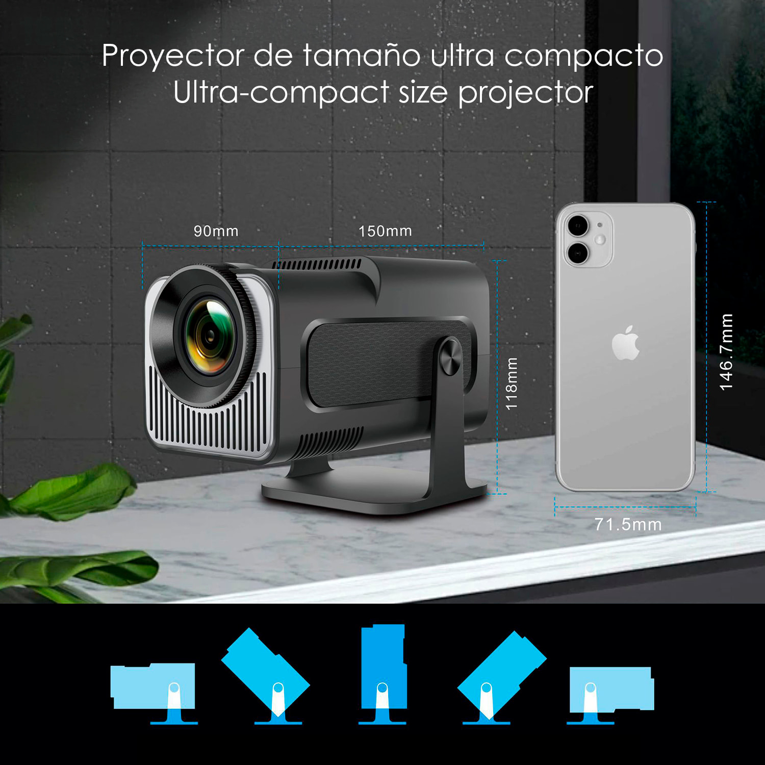 Mini proyector LCD HY320, soporte de 4K UHD, con wifi 6, duplicación de pantalla para iOS y Android. De 40 a 200 pulgadas, 160 lm. Con mando a distancia.