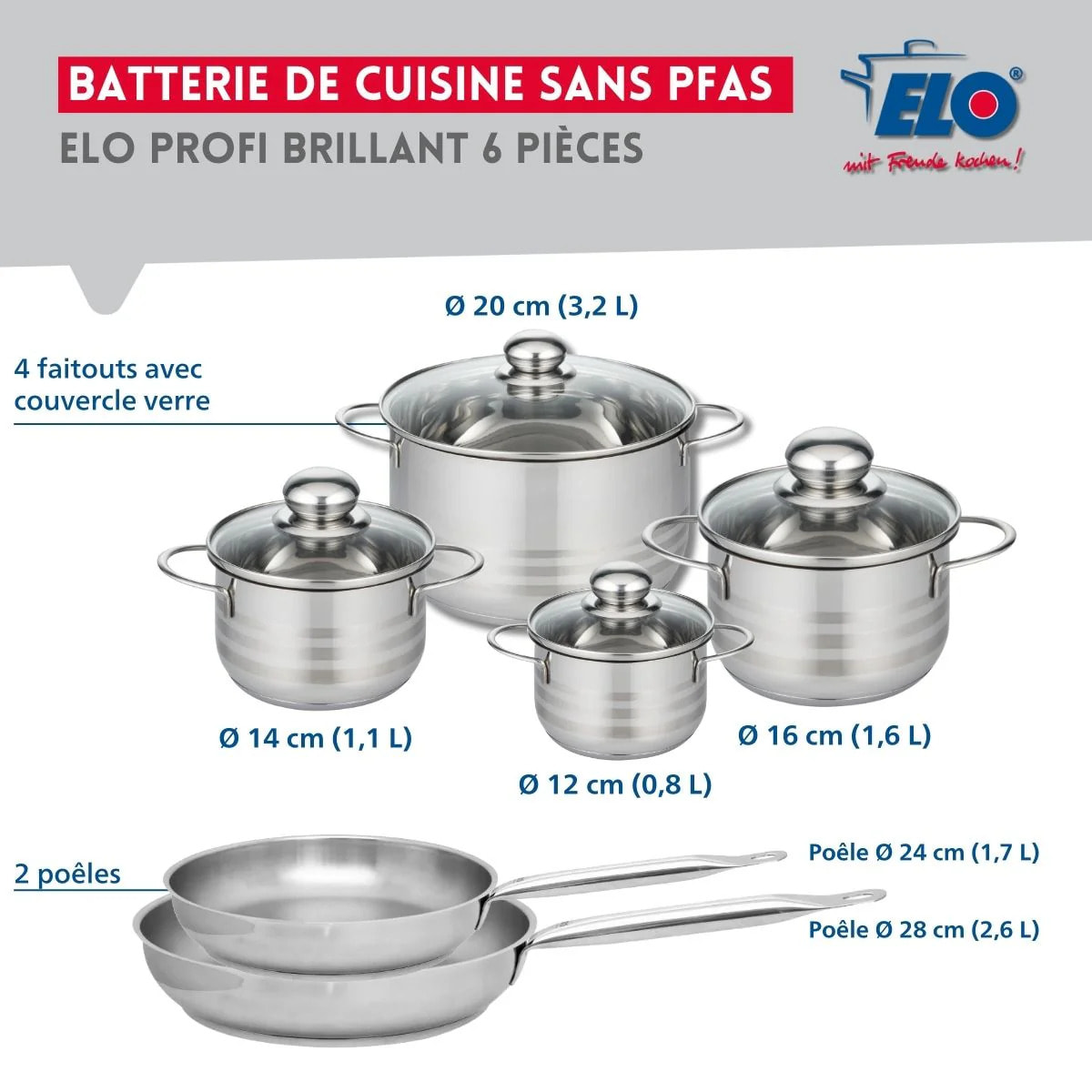Ensemble de 2 Poêles de cuisson 24 et 28 cm et 4 faitouts 12, 14, 16 et 20 cm Elo Profi Brillant