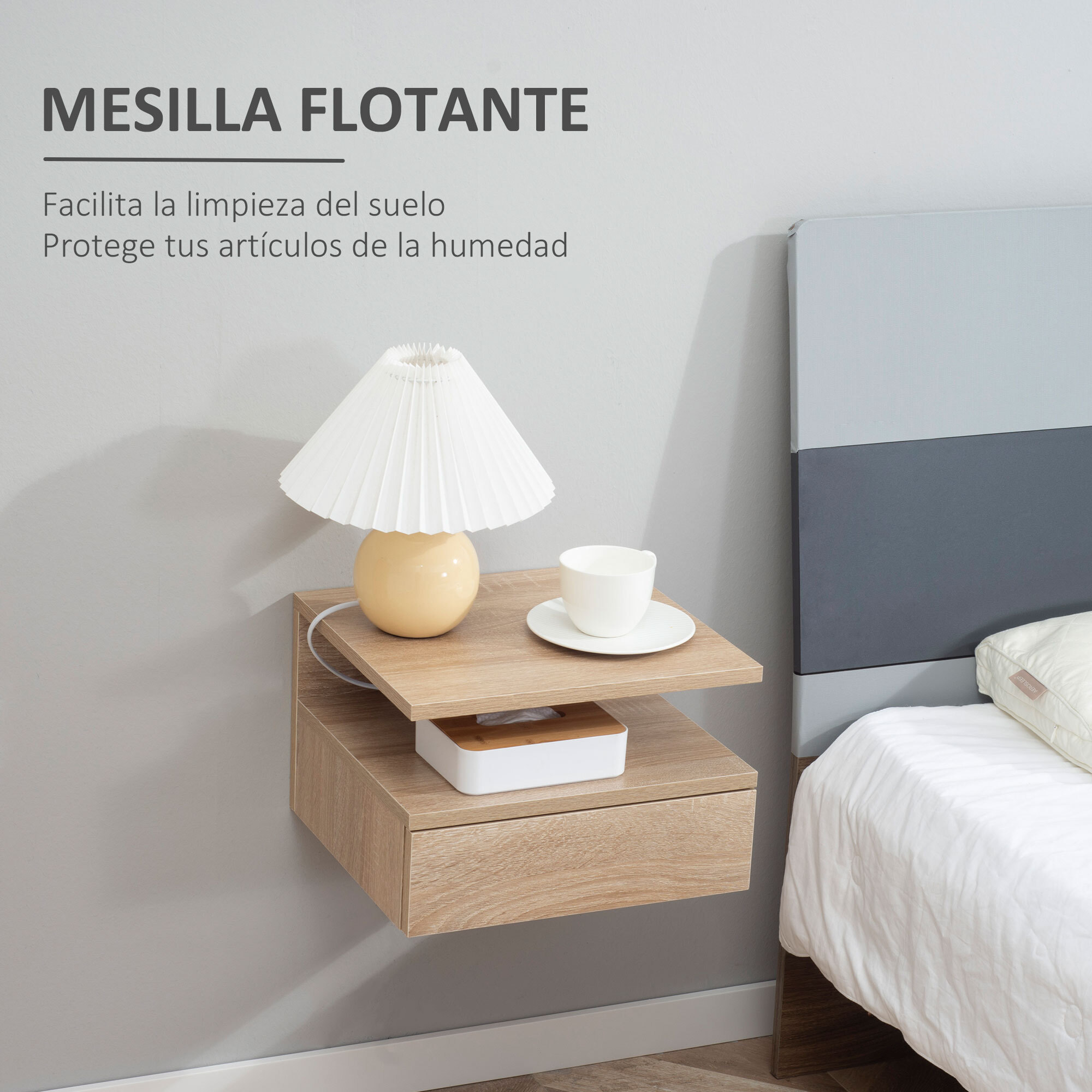 Set de 2 Mesitas de Noche Flotantes Mesillas de Noche de Pared con 1 Cajón y Estante Abierto Diseño Moderno para Dormitorio 35x32x22,5 cm Roble