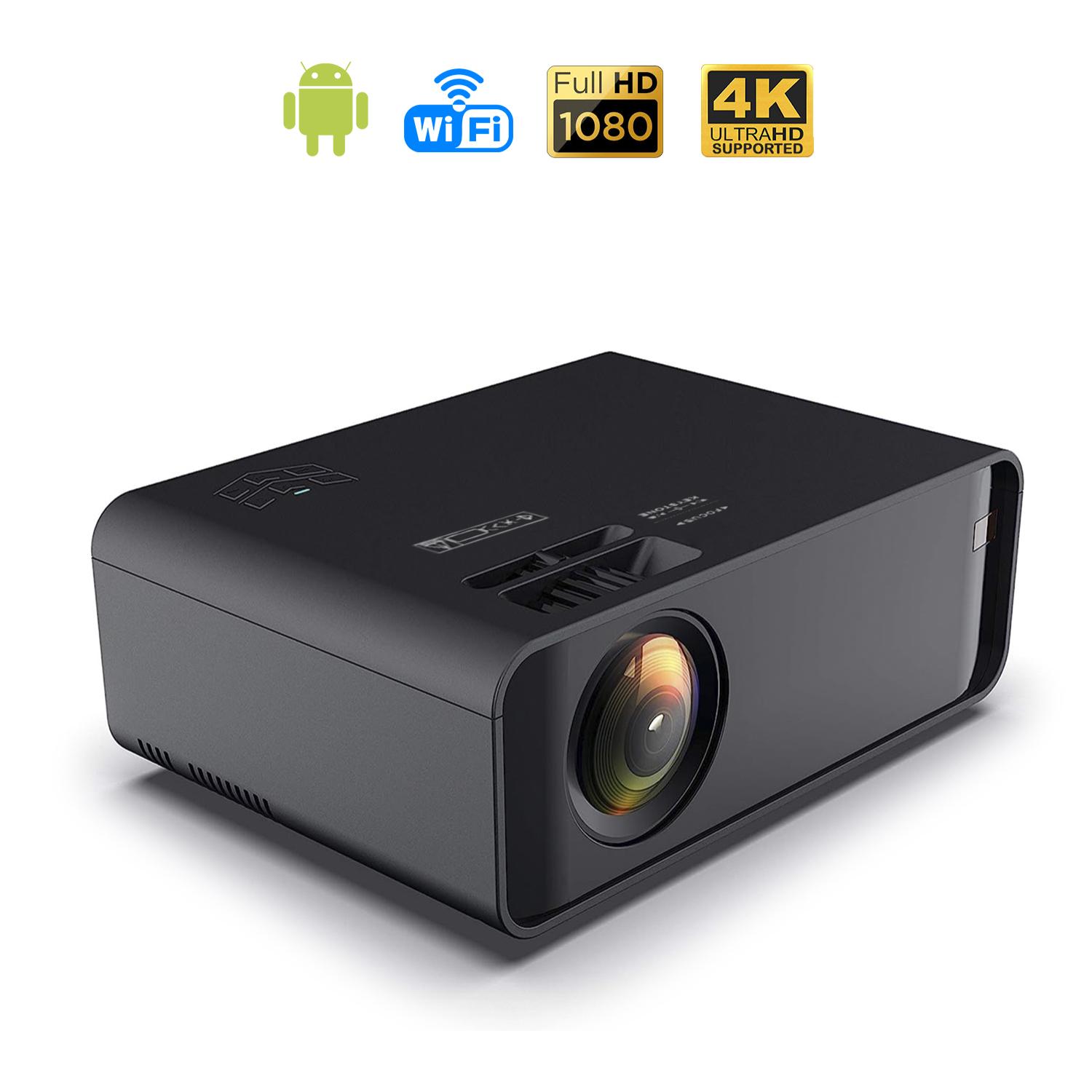 Videoproiettore LED W80 con Wifi e Android 6.0 integrato. Full HD1080P, supporta 4K. Da 27 a 200 pollici, luminosità 8000 lm, altoparlante integrato.