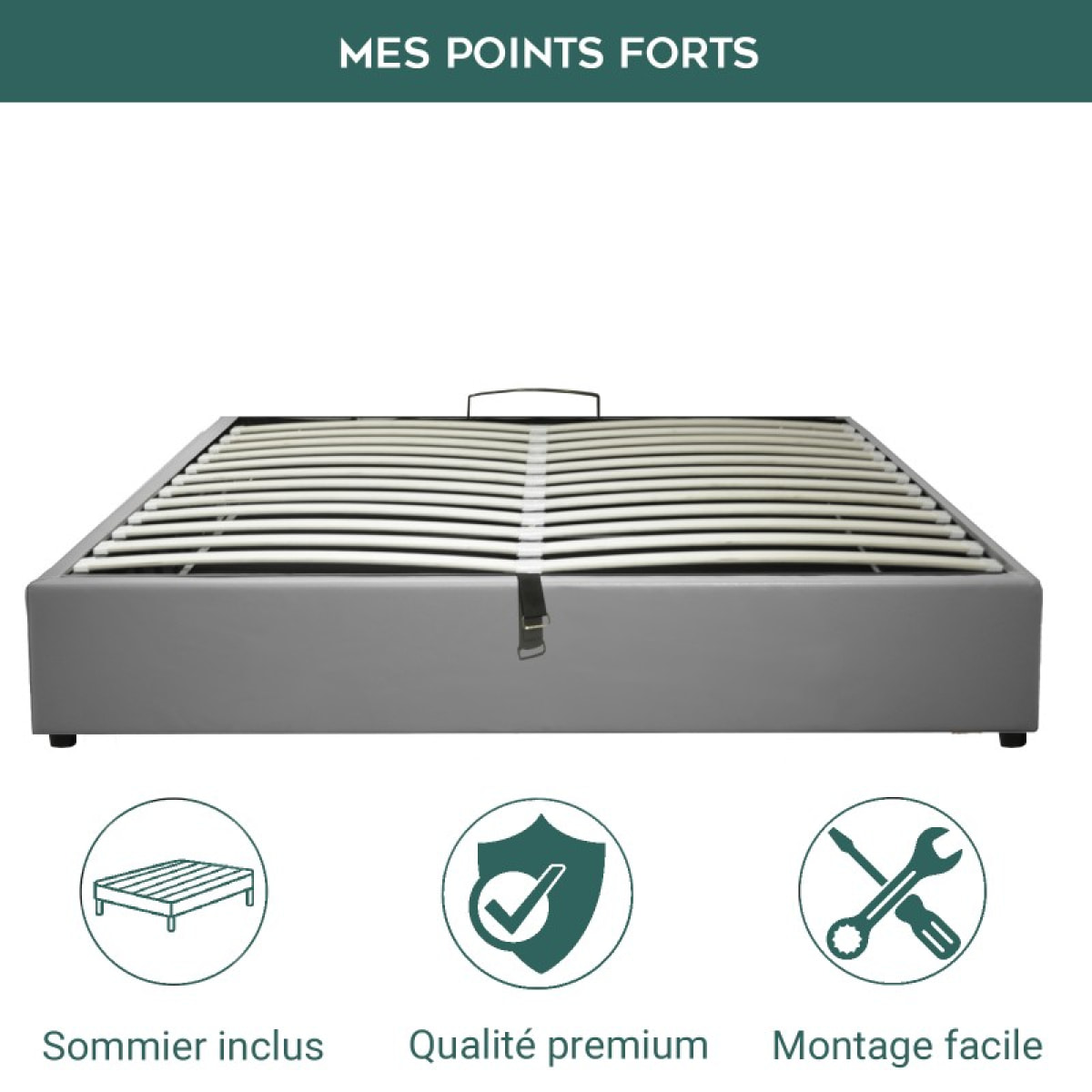 Lit coffre Futura | Ouverture électrique avec télécommande | Espace de stockage jusqu'à 900 L | Simili Cuir | Gris