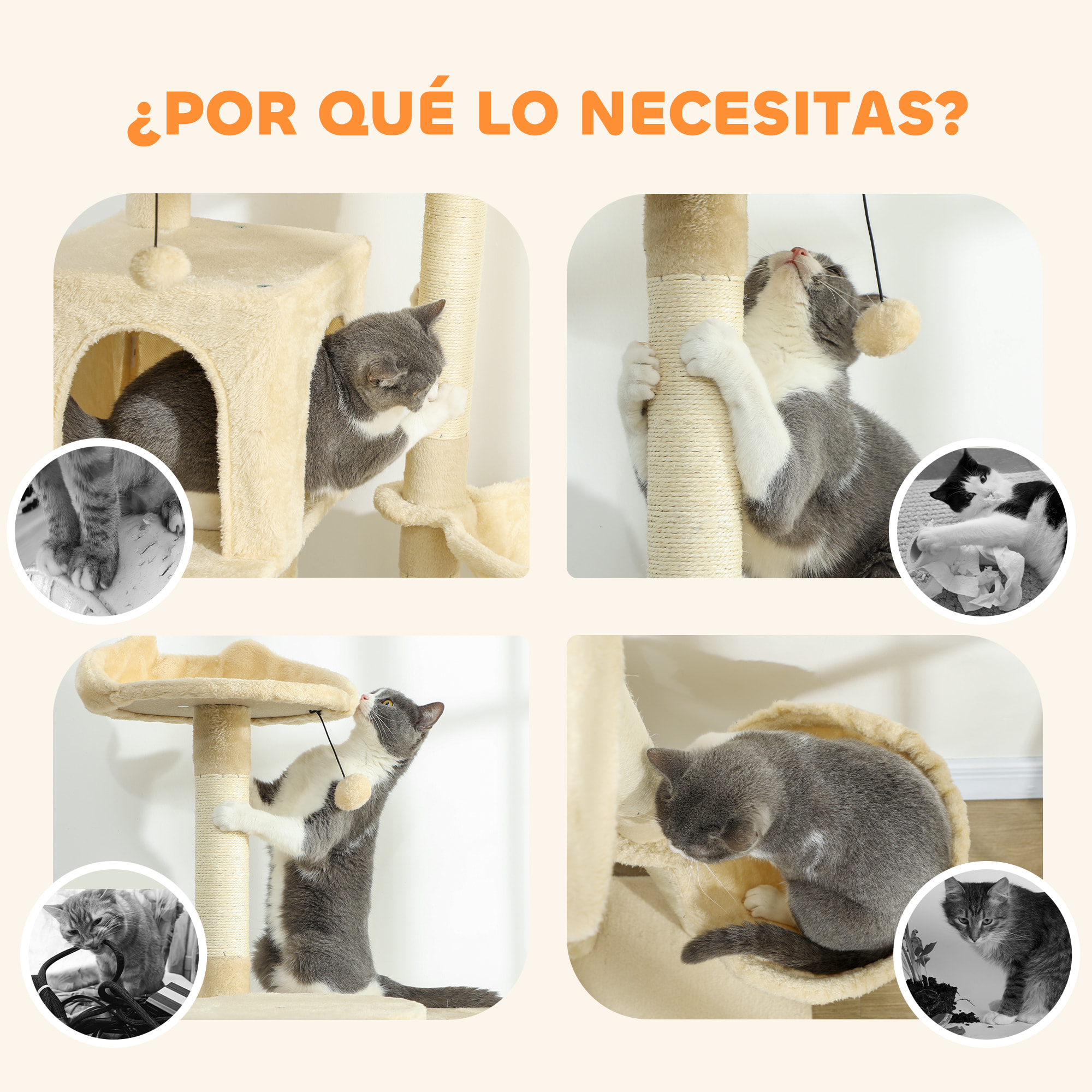 Árbol Rascador para Gatos, Árbol para Gatos 180 cm, Torre Escalador con Múltiples Plataformas, Cama, 2 Cuevas, Hamaca, Escalera, Postes de Sisal, Bolas para Jugar, Beige