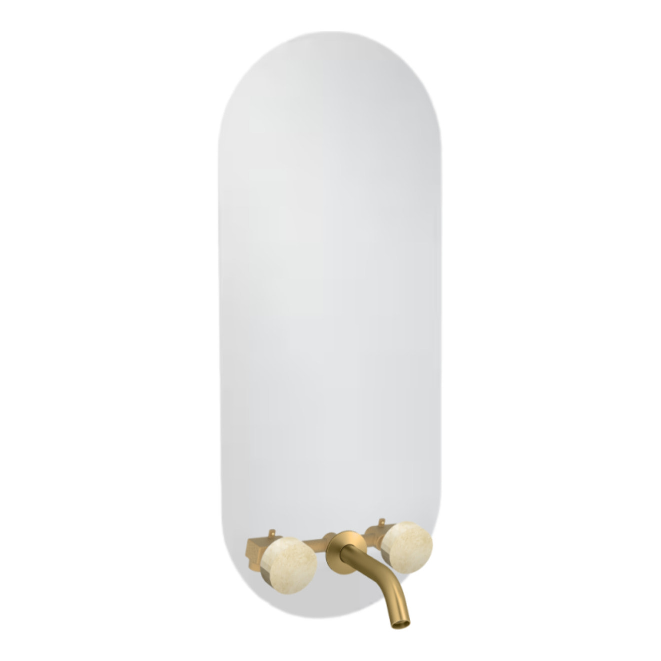 Miroir LED ovale 3 trous + mélangeur lavabo encastré 3 trous Grands Boulevards marbré travertin sable et laiton brossé