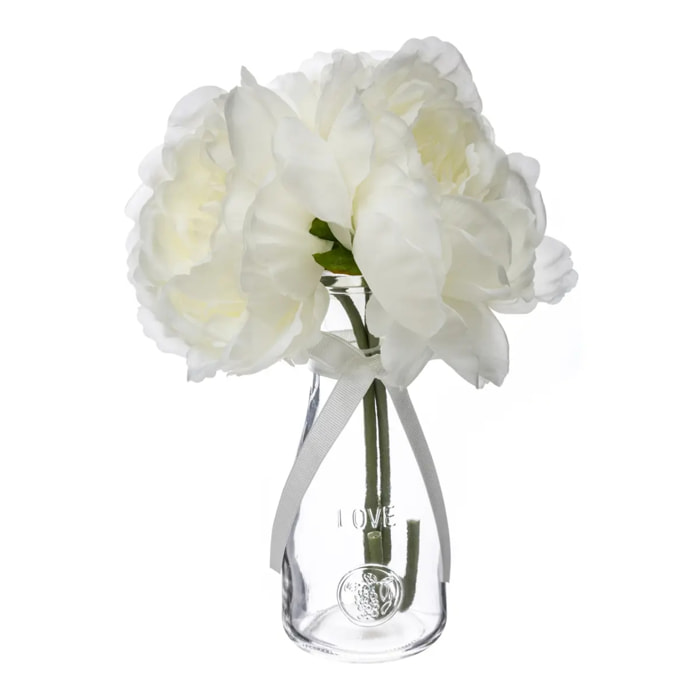 Composition de 3 pivoines articielles vase verre H35cm