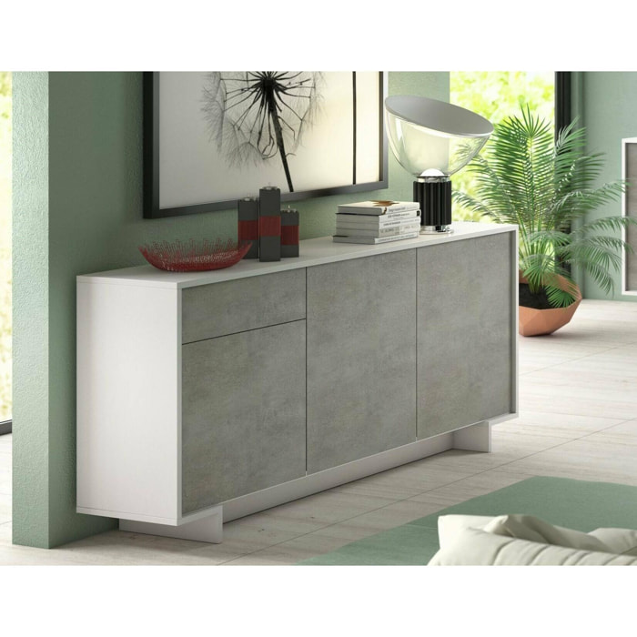 Credenza Davallon, Madia da salotto, Buffet da soggiorno a 3 ante e 1 cassetto, 100% Made in Italy, 170x42h78 cm, Bianco e Cemento