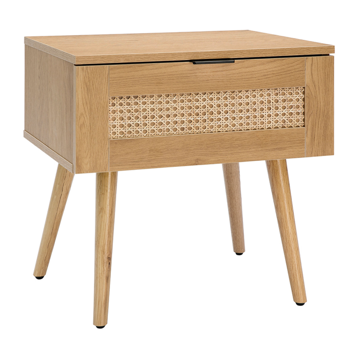 Table de chevet finition bois clair, cannage rotin et métal noir MANILLE