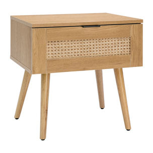 Table de chevet finition bois clair, cannage rotin et métal noir MANILLE