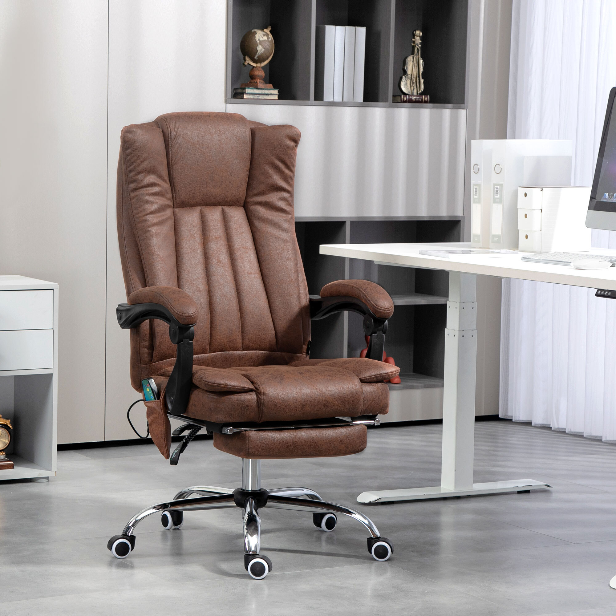 Fauteuil de bureau massant chauffant inclinable repose-pieds rétractable effet cuir vieilli
