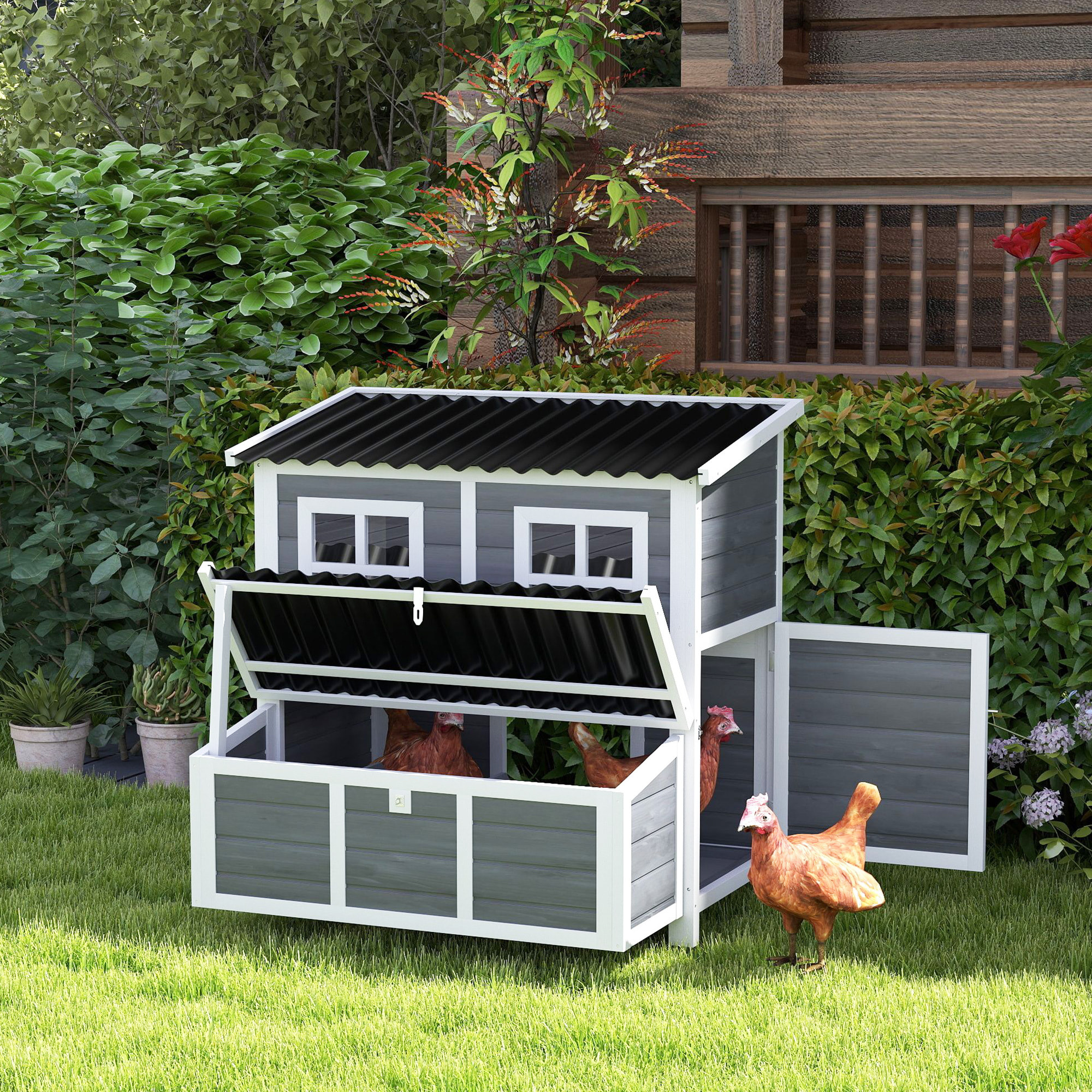 Poulailler cottage en bois 3 pondoirs toit ouvrant porte 2 fenêtres plateau déjection 100x86x100cm gris blanc noir