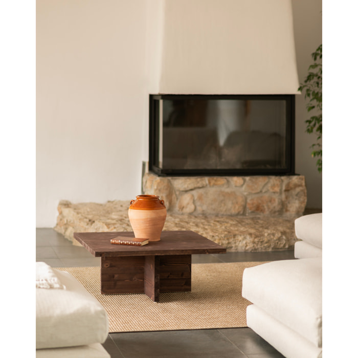 Mesa de centro cuadrada de madera maciza en tono nogal de 80x80cm Alto: 33.2 Largo: 80 Ancho: 80