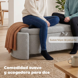 Puff Almacenaje, Banco Almacenaje Ovalado, 129x48,5x44 cm, Tapizado en Terciopelo de Teddy, Baúl de Almacenamiento, Carga 200 kg, Taburete para Sala de Estar, Dormitorio, Entrada, Gris Claro
