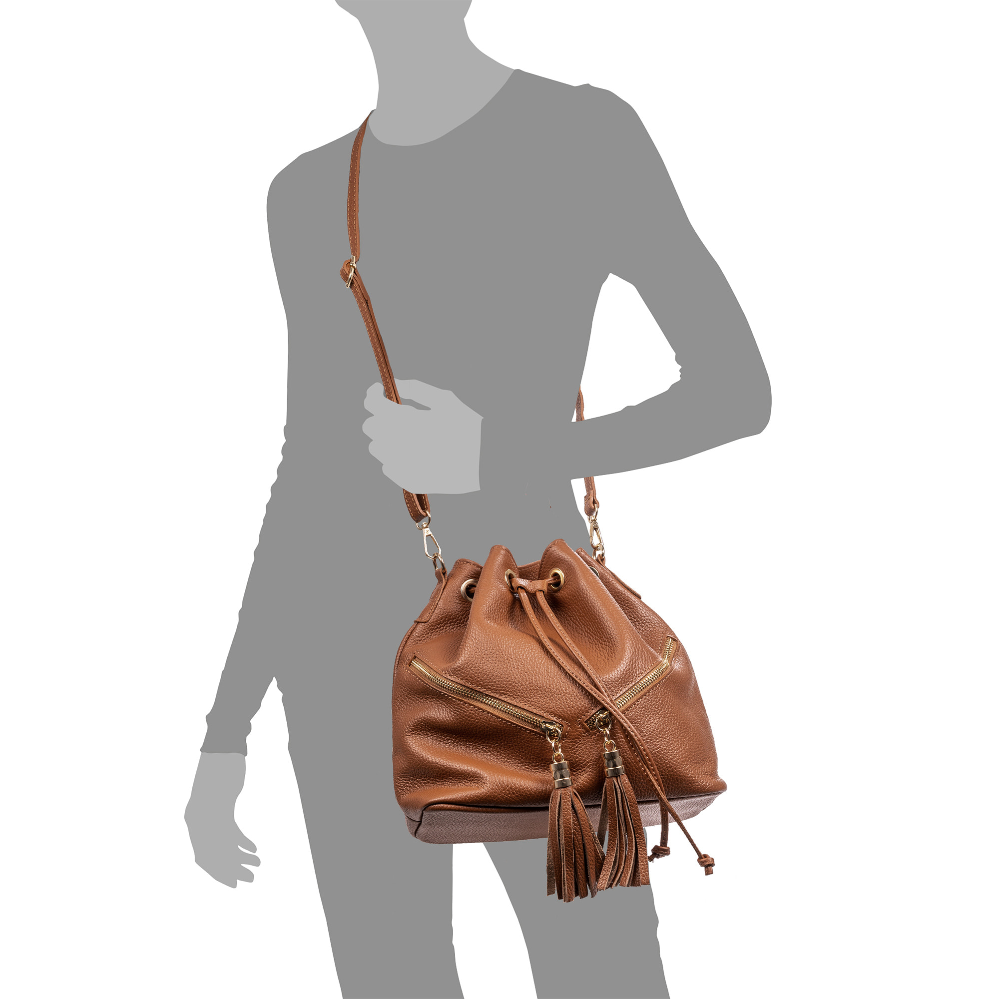 Arzene borsa a tracolla in pelle autentica dollaro. Design fresco arricciato e frange sul davanti