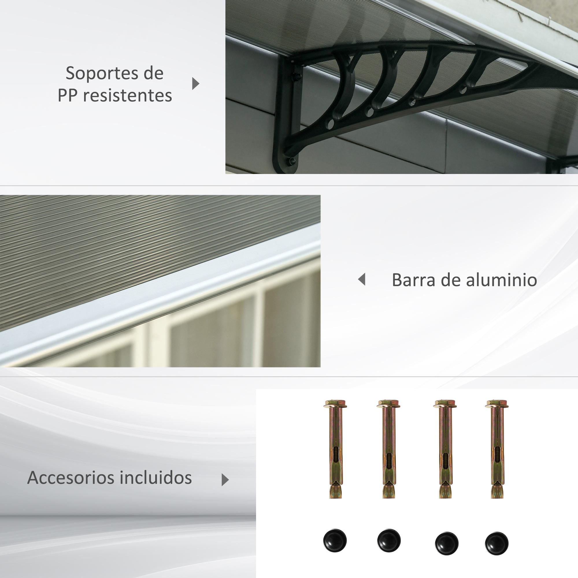 Tejadillo de Protección 303x96x27 cm Marquesina Exterior para Puertas y Ventanas contra Sol y Lluvia con Soporte de PP Policarbonato Marrón