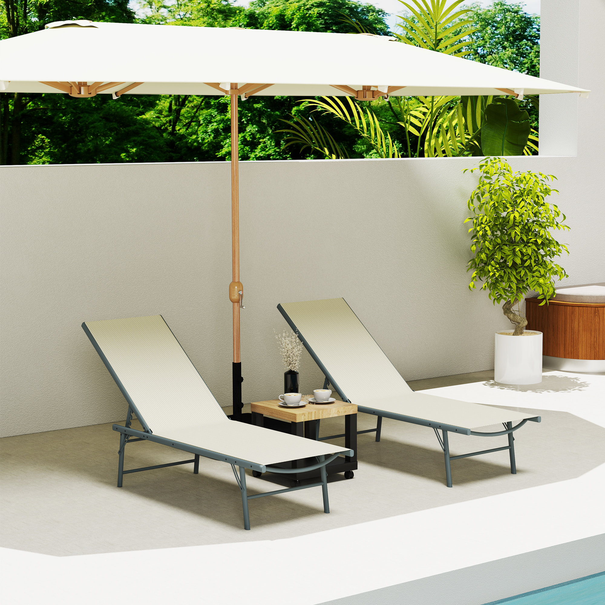 Pack de 2 Tumbonas Jardín Exterior Tumbonas Plegables Reclinables en 5 Posiciones con Estructura Metálica y Asiento de Malla Transpirable para Playa Piscina 164x54x84 cm Crema