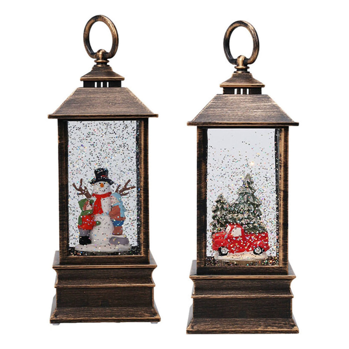 Farol decorativo navideño con agua y purpurina con luces led 9x9x22,5cm