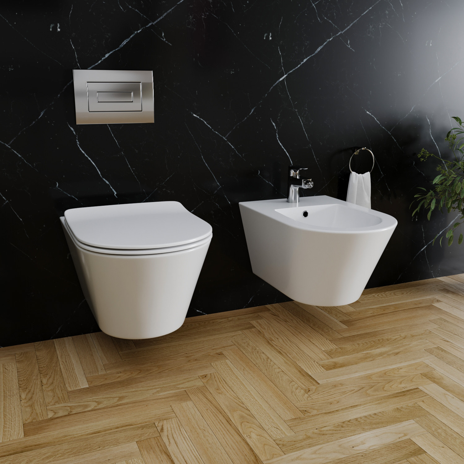 Coppia Sanitari Sospesi Vaso WC Rimless Con Tornado Flush E Bidet Sospeso Moderno Tondo In Ceramica Con Copriwater Chiusura Soft Close Bianco Lucido