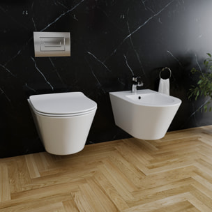 Coppia Sanitari Sospesi Vaso WC Rimless Con Tornado Flush E Bidet Sospeso Moderno Tondo In Ceramica Con Copriwater Chiusura Soft Close Bianco Lucido