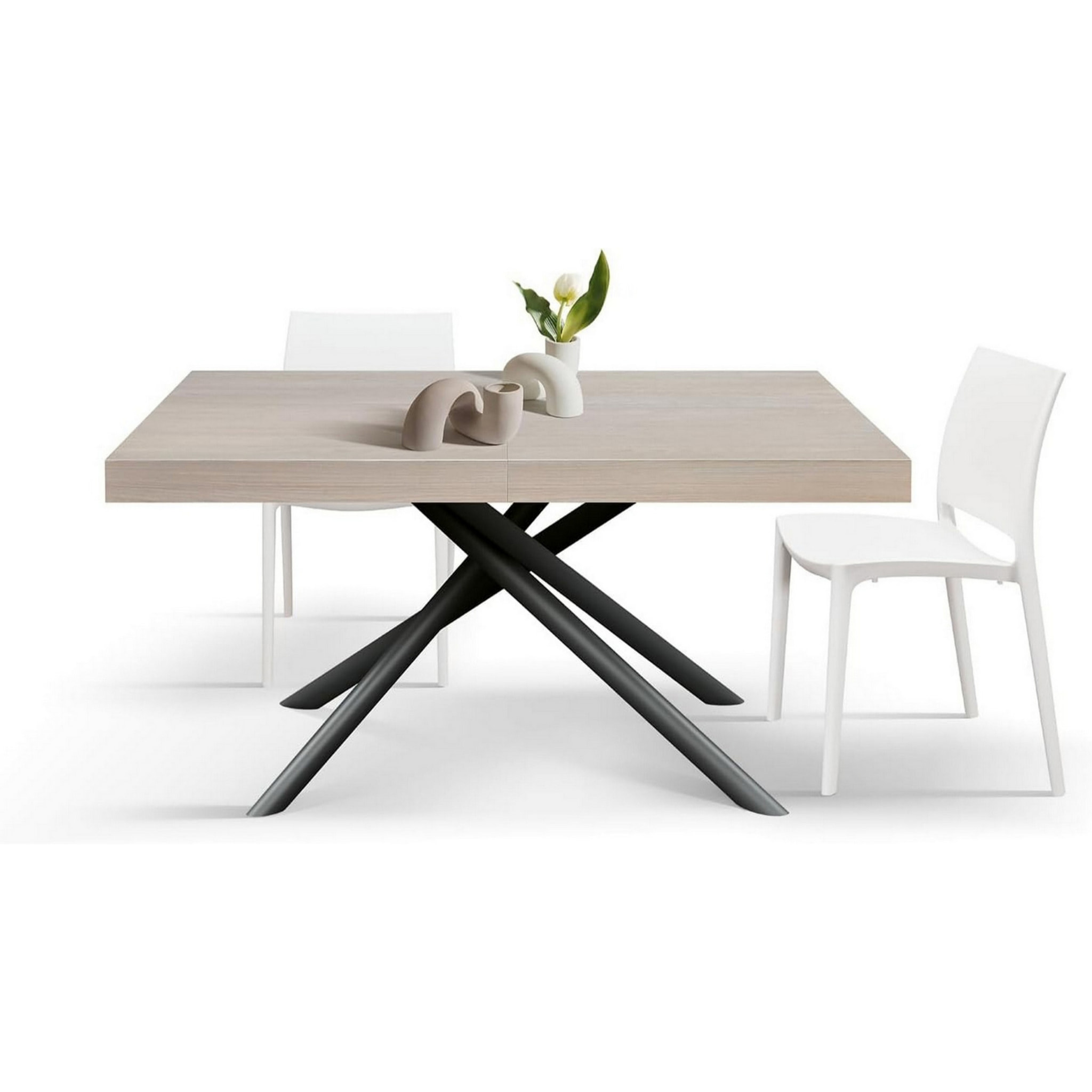 Tavolo CARRARA in legno, finitura olmo perla e base in metallo verniciato antracite, allungabile 160x90 cm - 240x90 cm