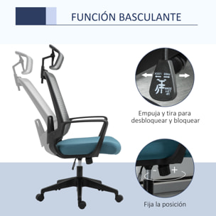 Vinsetto Silla de Oficina Ergonómica Silla Escritorio Giratoria con Altura Ajustable Soporte Lumbar Reposabrazos y Reposacabezas Regulable Malla Transpirable 63,5x63x116,5-125,5 cm Azul y Gris