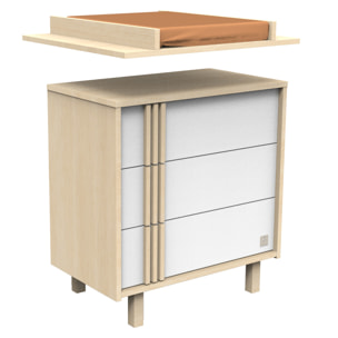 Commode 3 tiroirs en décor chêne velours et blanc avec appliques en bois