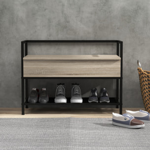 Banc à chaussures design industriel - étagère, coffre de rangement - acier noir panneaux aspect chêne clair