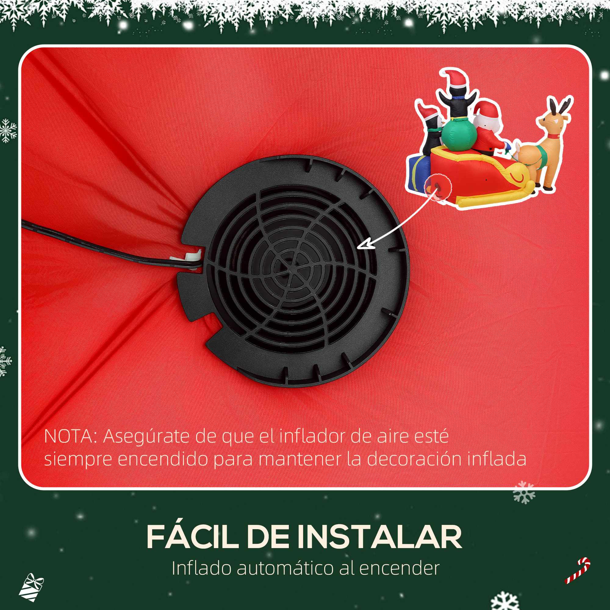 Papá Noel Hinchable con Trineo, Pingüinos y Renos, Inflables de Navidad con Luces LED, Decoración de Navidad para Exterior e Interior, 180x120x155 cm