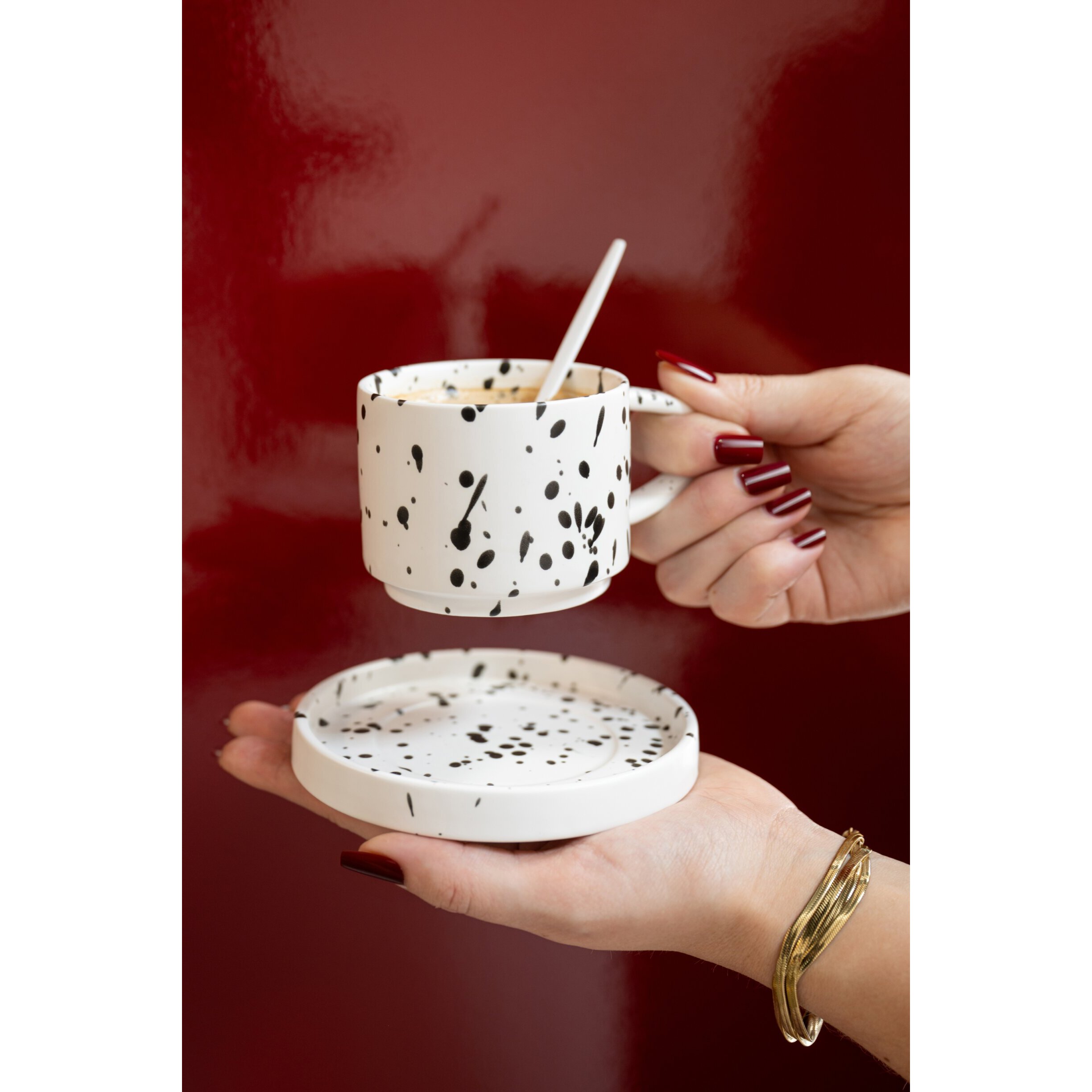 J-Line Tasse et sous-tasse pois - grès - blanc/noir - 4 pcs