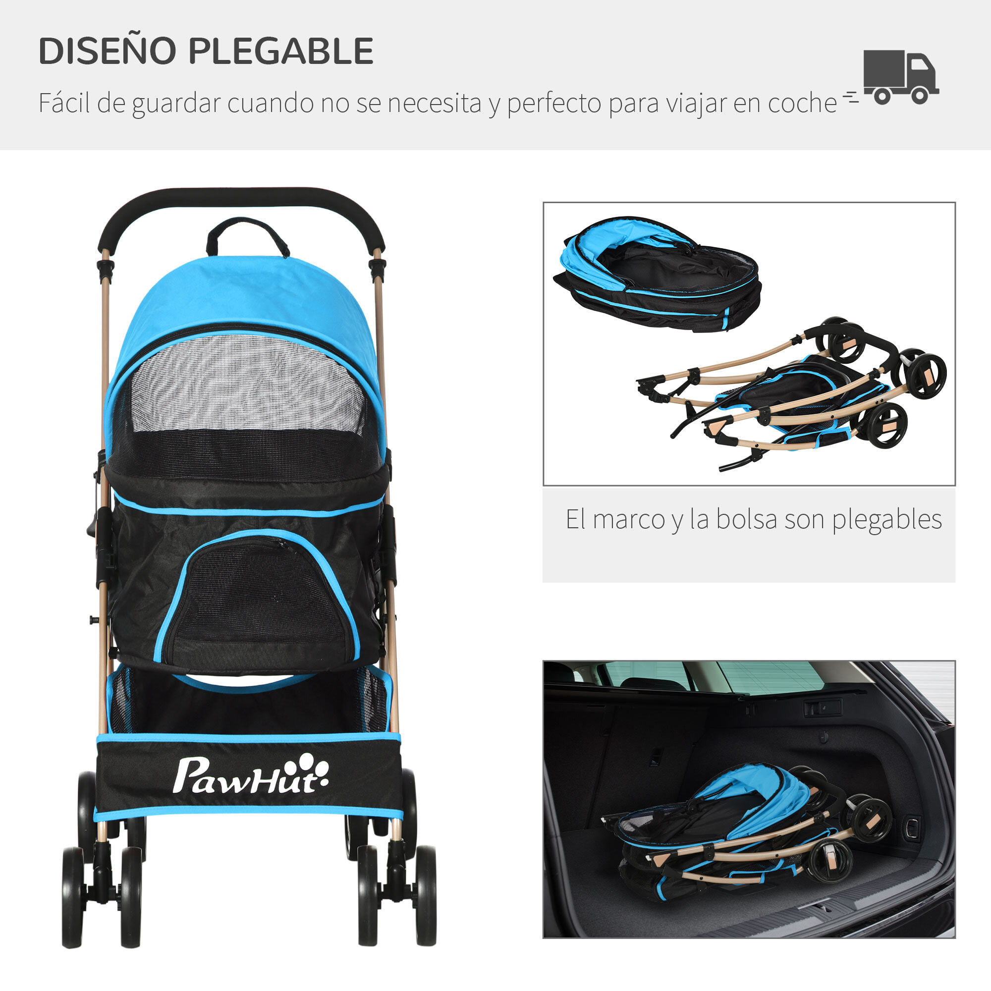 3 en 1 Cochecito para Mascotas Carrito para Perros y Gatos Desmontable Bolsa de Transporte Plegable con Cesta de Almacenaje y Frenos Tela Oxford 600D Carga 15 kg 82x49,5x98 cm Azul