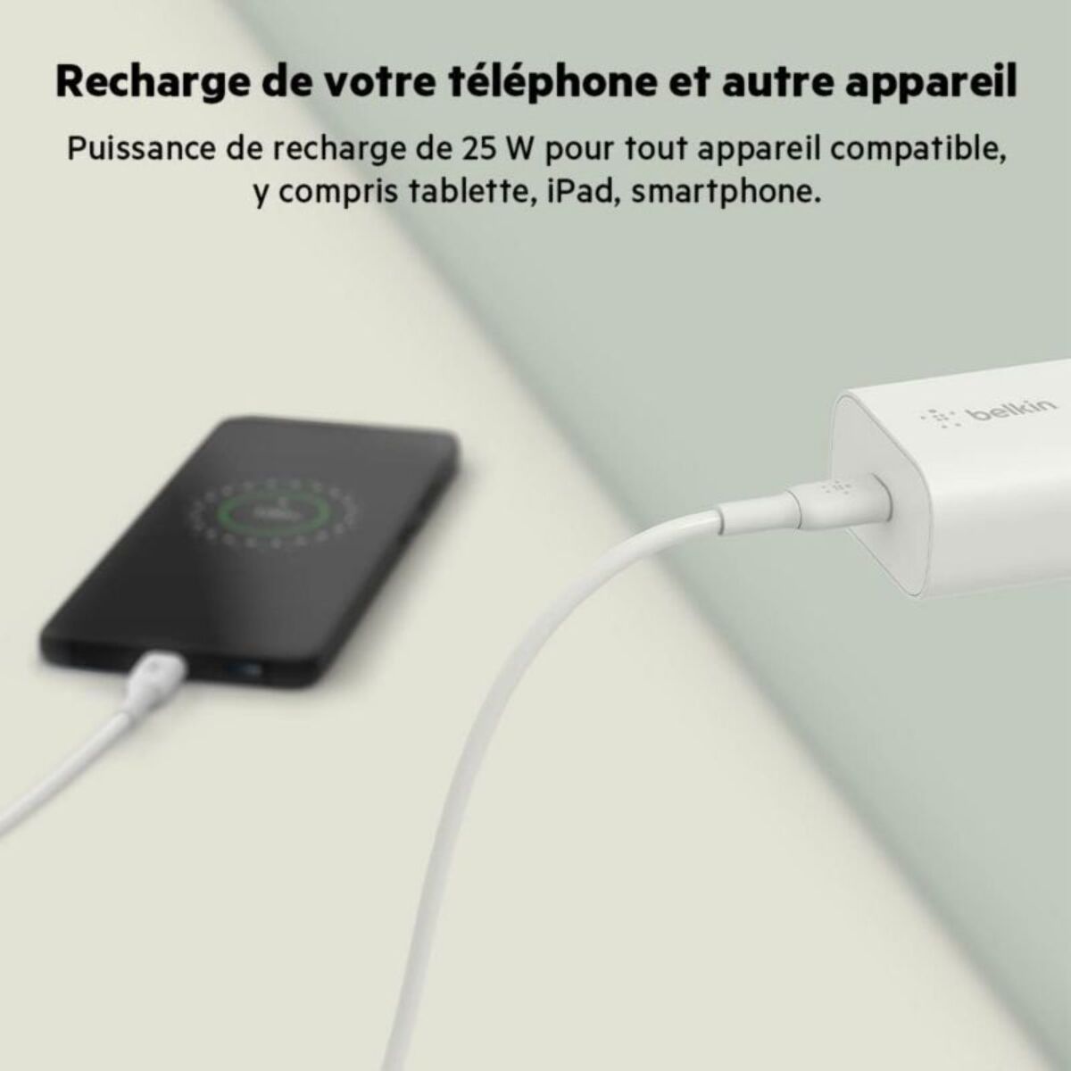 Adaptateur de voyage BELKIN 25W USB-C pour samsung et apple Blanc