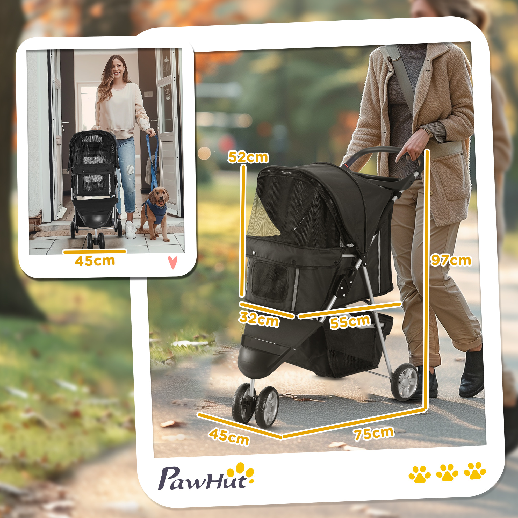 Carrito para Perros Plegable Cochecito para Mascotas Carrito para Perros Pequeños con Cesta de Almacenaje Ventanas de Malla y 2 Ruedas Universales 75x45x97 cm Negro