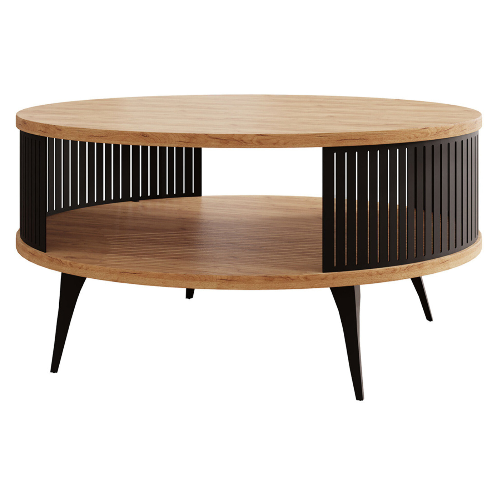Forini - table basse ronde - aspect chêne naturel et noir - 1 niche - 75 cm - Noir / Bois