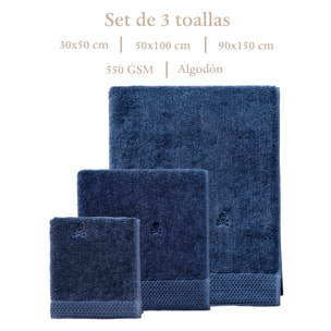 Juego de toallas nidus (30x50cm + 50x100cm + 90x150cm) 100% algodón en color azul marino con logo bordado scalpers home