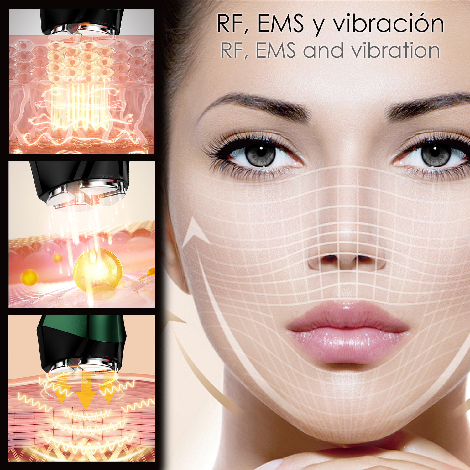 Instrumento de belleza facial. EMS, tratamiento de luz LED de 3 colores, WAV y VR. Tensa y rejuvence la piel.