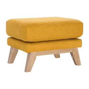 Pouf repose-pieds déhoussable scandinave en tissu effet velours jaune moutarde et bois clair OSLO