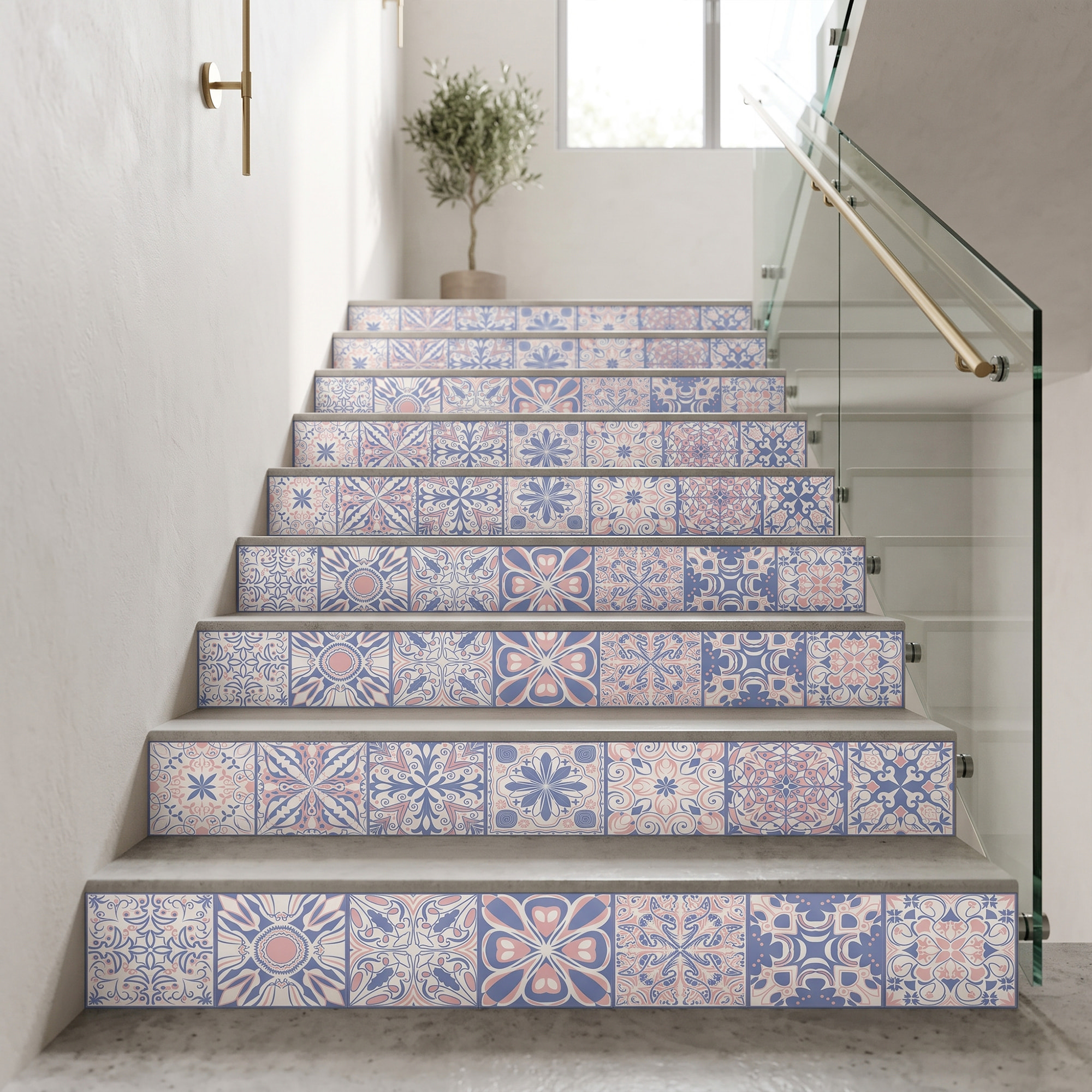 Stickers adhésifs escalier carrelages | Sticker Autocollant contremarche Carreaux de ciment carrelages adhésif - BLEU D'ORIENT
