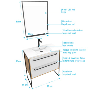 Ensemble de salle de bain blanc 80cm+ vasque en resine blanche 80x50 + tiroirs blanc mat + mirroir
