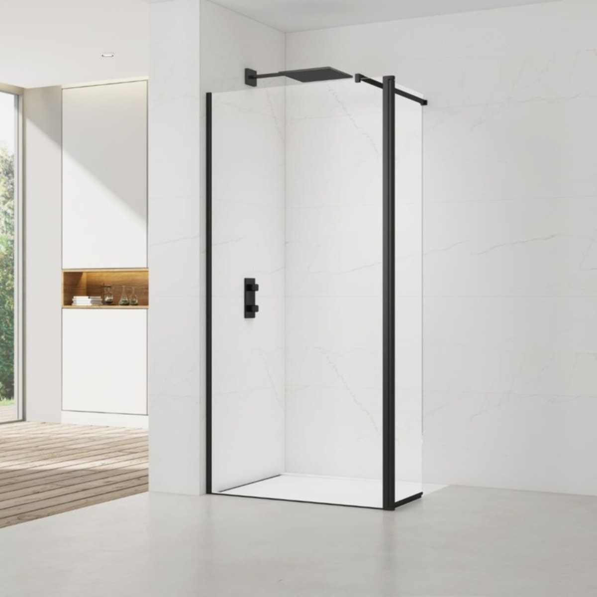 Walk-in 120x200cm Paroi et retour pivotant en verre Crystal Glass® 8 mm anticalcaire , avec bras et profilés noir mat