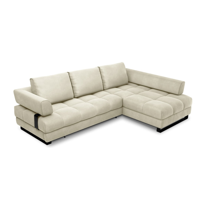 Canapé d'angle droit convertible avec coffre de rangement "Clinton" 5 places en velours beige clair