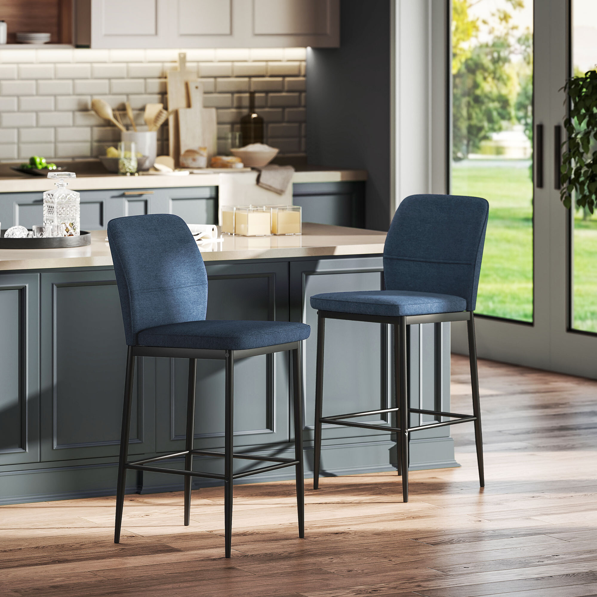 Juego de 2 Taburetes de Bar Taburetes Altos de Cocina con Respaldo y Reposapiés Tapizado en Terciopelo Marco de Acero Taburetes Altos Modernos para Comedor Mostrador Azul