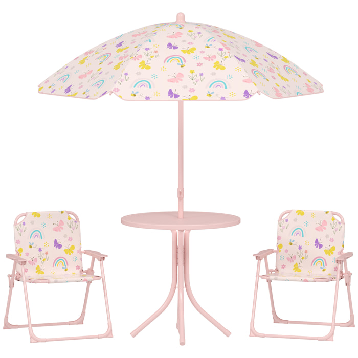 Conjunto de Mesa y Sillas Infantil de Jardín de 4 Piezas Mesa Infantil con Sillas Plegables Sombrilla Ajustable Diseño de Arcoíris para Patio Pícnic Rosa