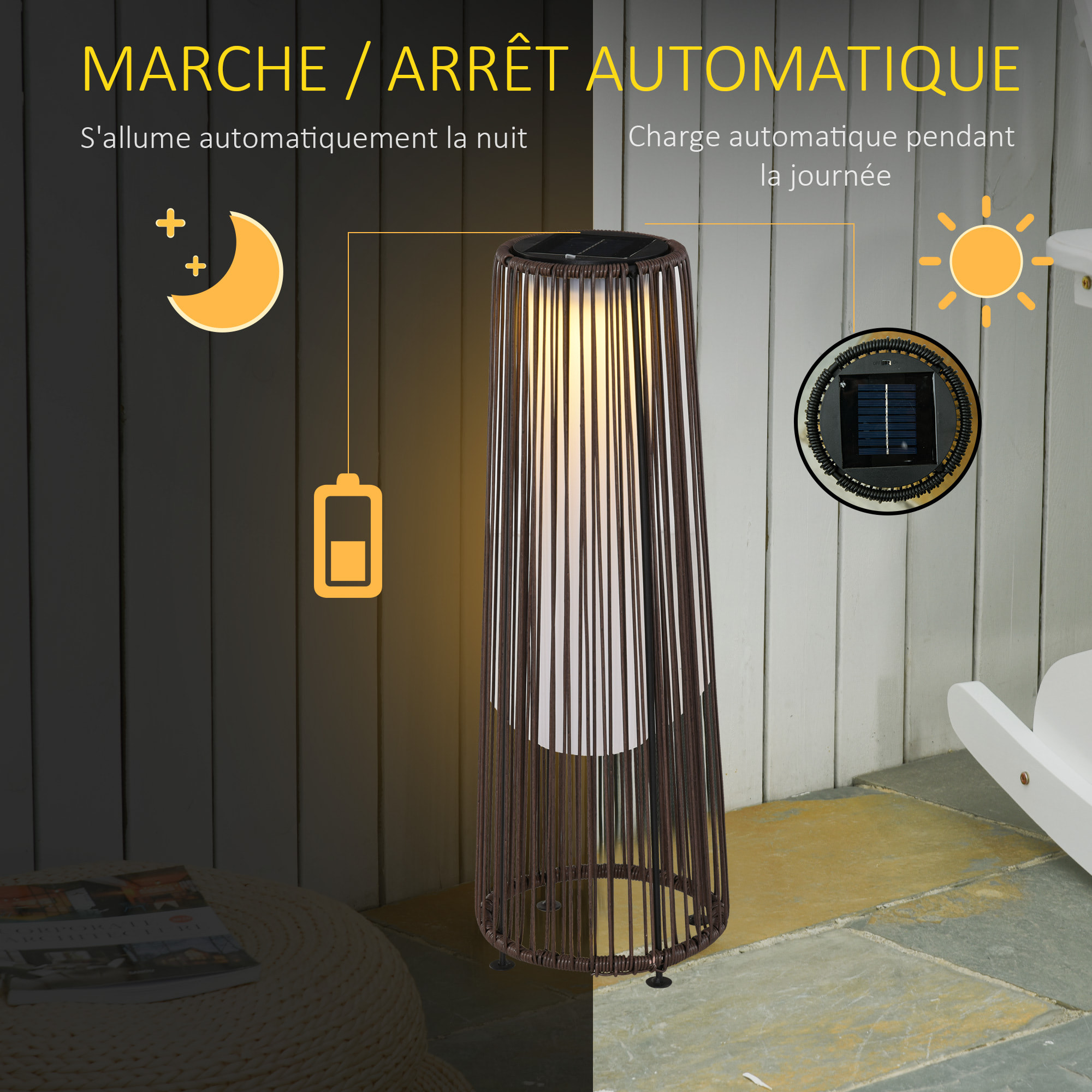 Lampadaire LED de jardin style colonial dim. Ø 21,5 x 61H cm résine tressée filaire chocolat